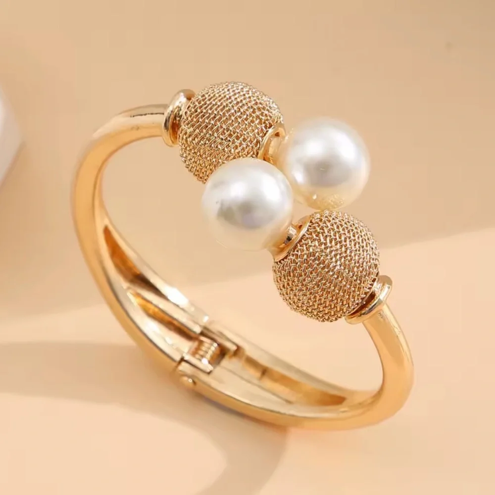 Vintage Geometric Gold Open Bangle with Pearl Ball Statement Bracelet